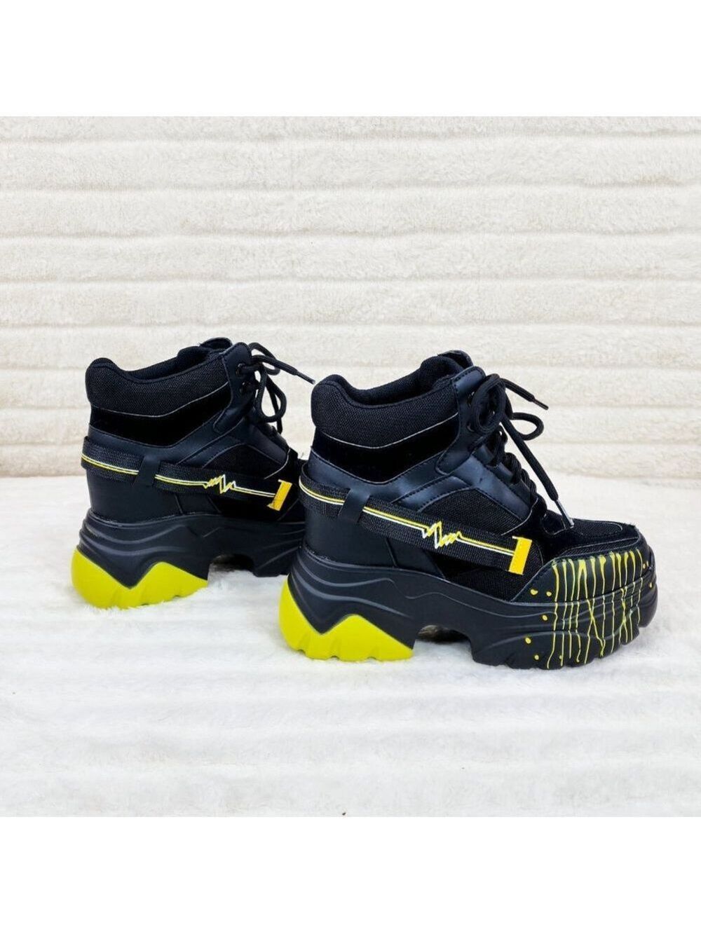 Anthony Wang Dated Black Yellow Hidden Wedge Platform Sneakers Rib Tread Design